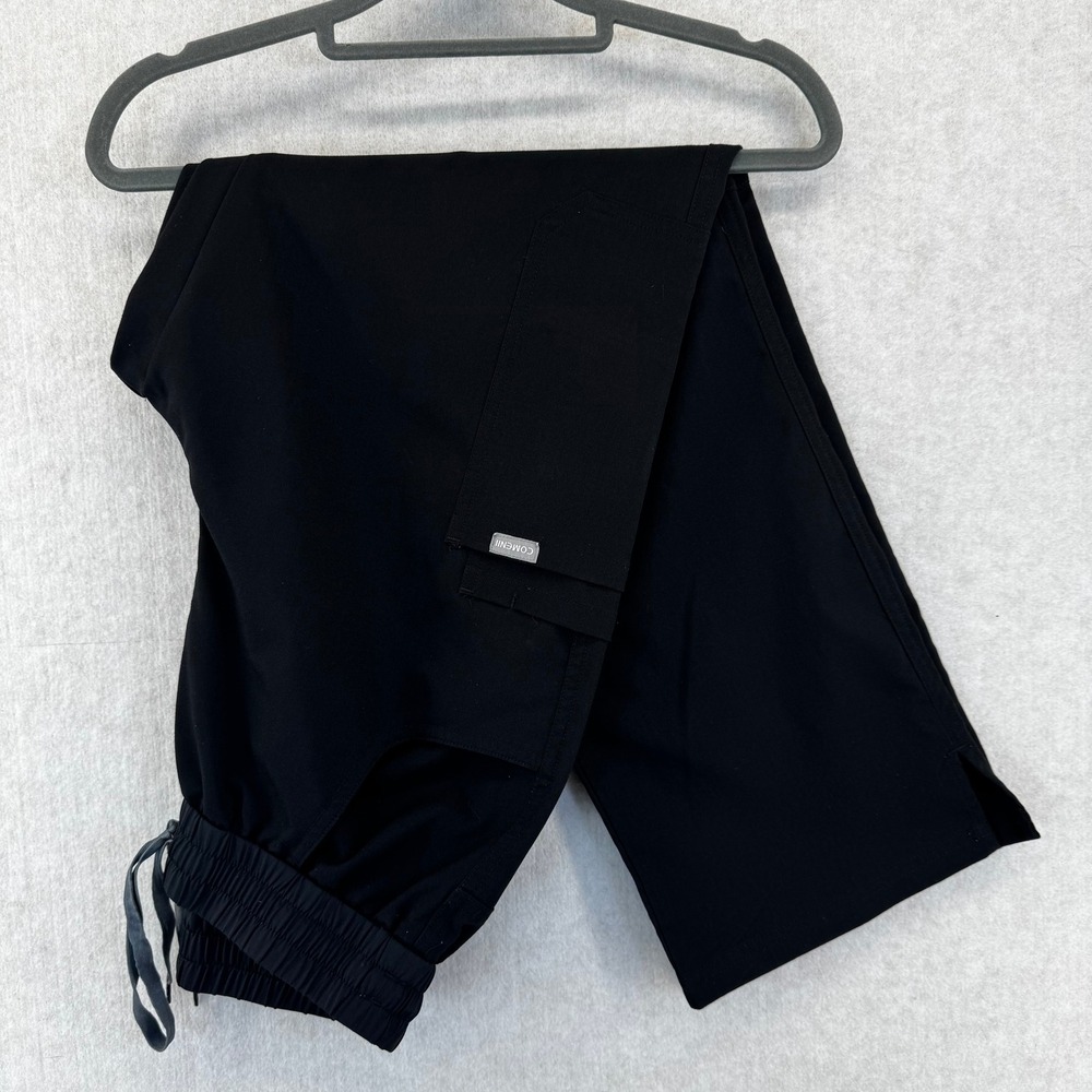 Comenii Black Scrub Pants Elastic Waist Drawstring Cargo Pocket Straight Leg